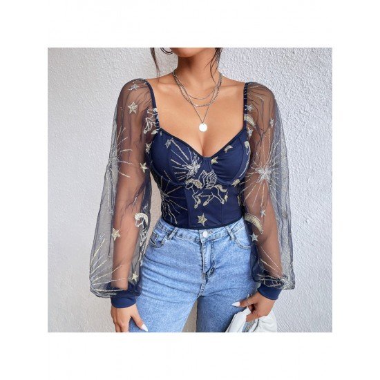 Stylish Embroidery Lantern Sleeve Ladies Tops