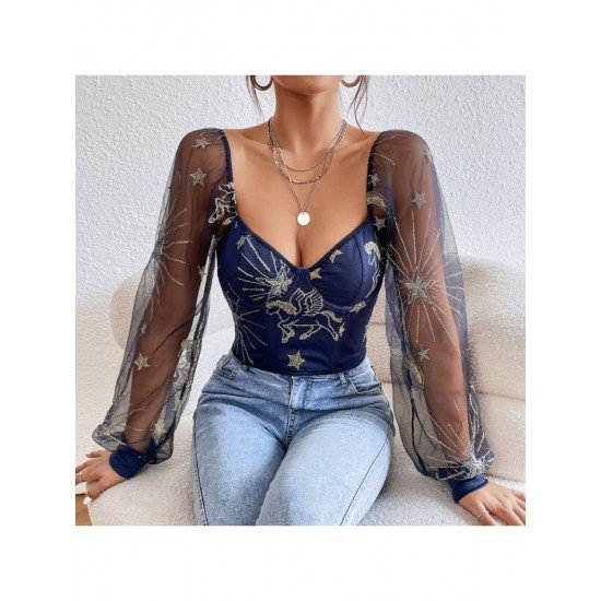 Stylish Embroidery Lantern Sleeve Ladies Tops