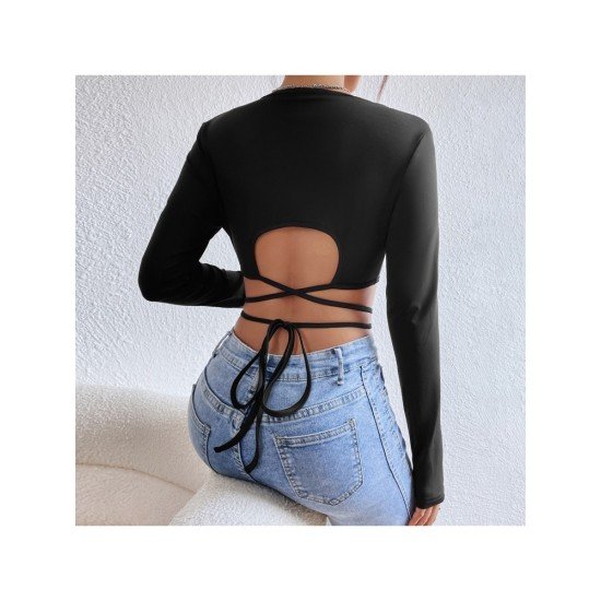 Sexy Fall V Neck Tie Wrap Crop Tops