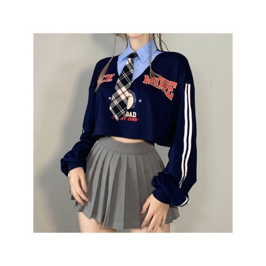 Preppy Style Printed Patchwork Crop Tops