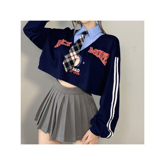 Preppy Style Printed Patchwork Crop Tops