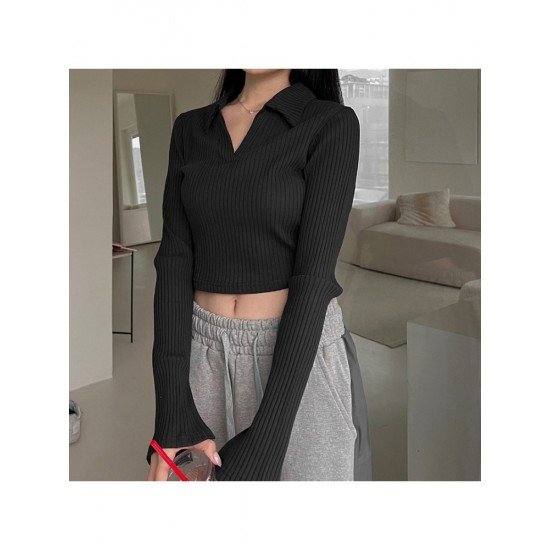 Trendy Solid Black Long Sleeve Tops