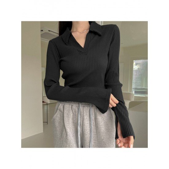 Trendy Solid Black Long Sleeve Tops