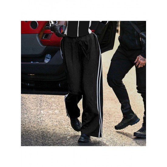 Casual Black Straight Leg Drawstring Trousers For Women