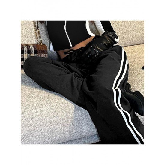 Casual Black Straight Leg Drawstring Trousers For Women