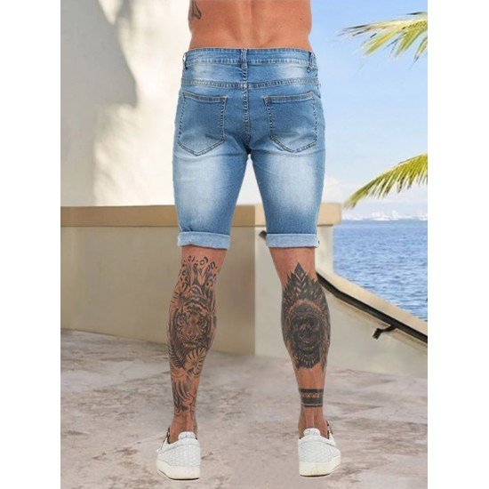 Black Ripped Straight Low Rise Men Half Jeans