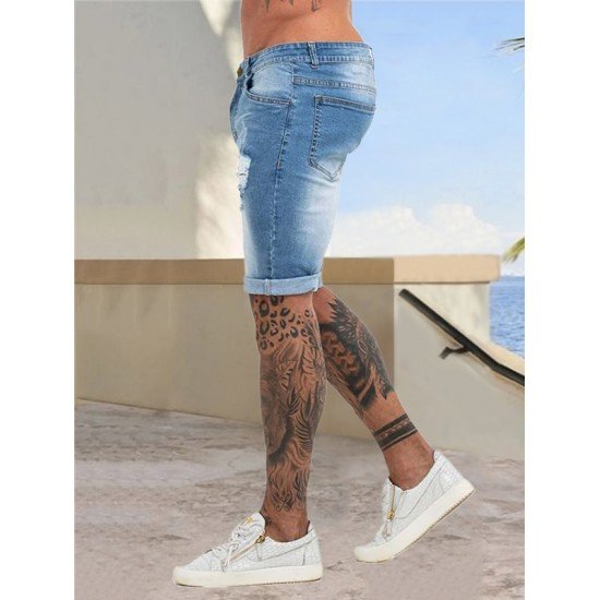 Black Ripped Straight Low Rise Men Half Jeans