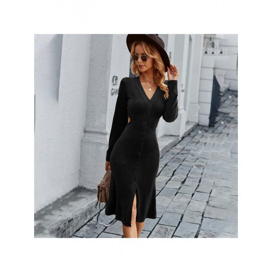 Casual Cut Out V Neck Long Sleeve Dress