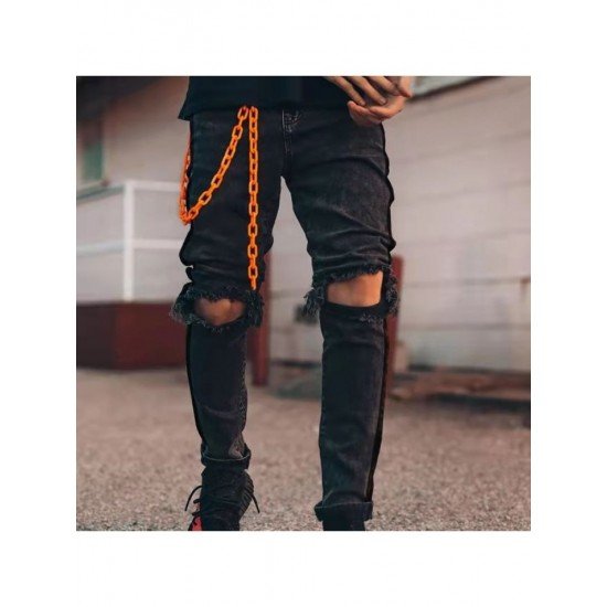  Fashion Pure Color Ripped Chain Men's Denim Jeans