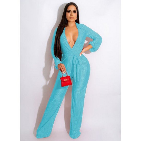  Fashion Casual Pure Color Women's Long Sleeve Jumpsuit