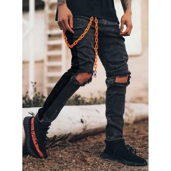  Fashion Pure Color Ripped Chain Men's Denim Jeans