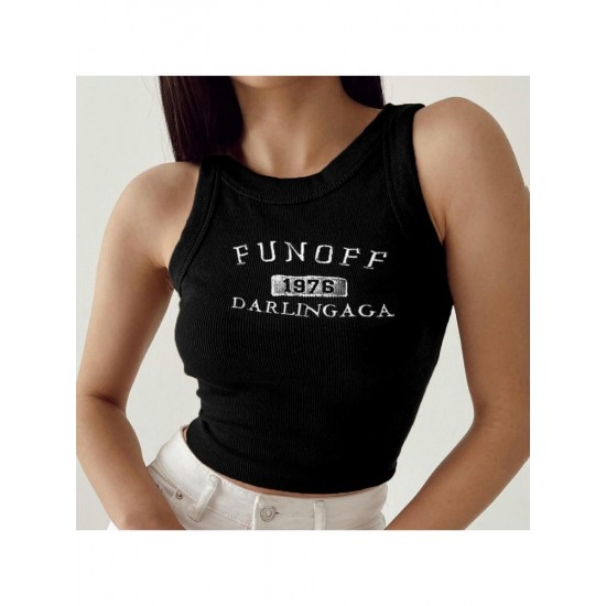 Letter Embroidery Cropped Tank Tops For Ladies