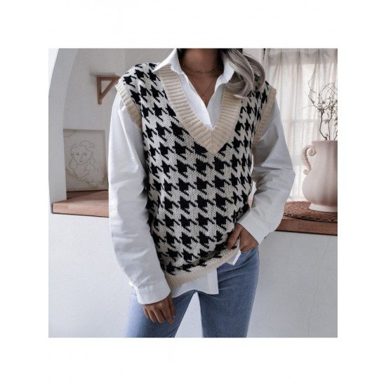 V Neck Houndstooth Sleeveless Sweater Vest For Women