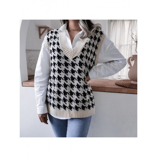 V Neck Houndstooth Sleeveless Sweater Vest For Women