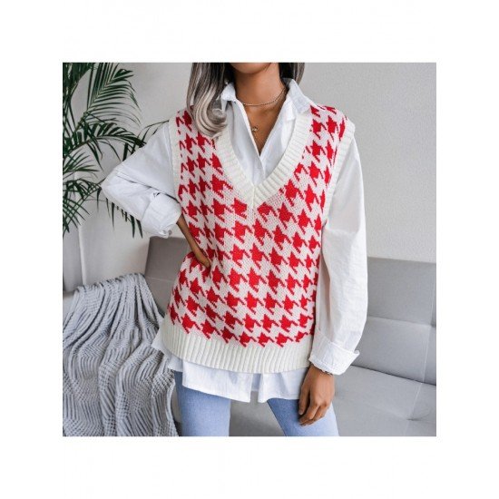 V Neck Houndstooth Sleeveless Sweater Vest For Women