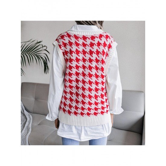 V Neck Houndstooth Sleeveless Sweater Vest For Women