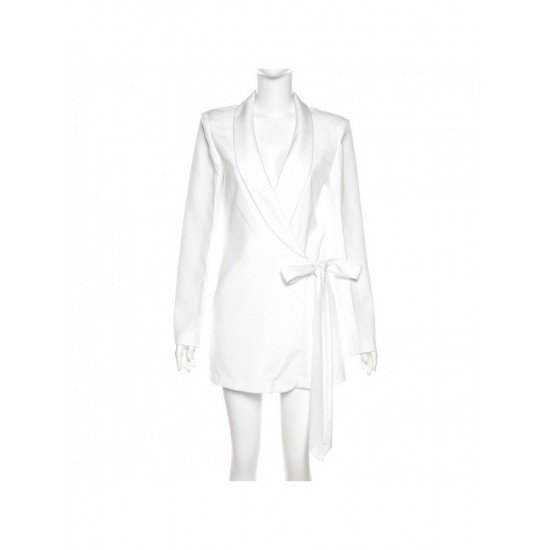 Tie Wrap Zipper Up White Ladies Long Sleeve Blazer Dress