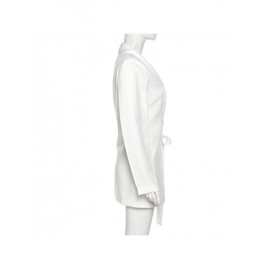 Tie Wrap Zipper Up White Ladies Long Sleeve Blazer Dress