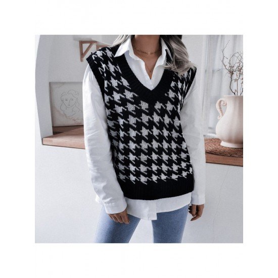 V Neck Houndstooth Sleeveless Sweater Vest For Women