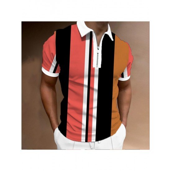  Men's Colorblock Striped Zipper Up Polo Shirt