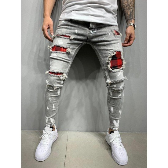 Plaid Patchwork Ripped Pencil Jeans For Men