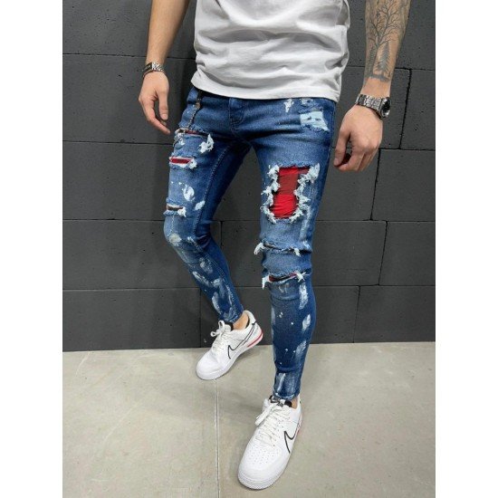 Plaid Patchwork Ripped Pencil Jeans For Men