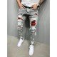 Plaid Patchwork Ripped Pencil Jeans For Men