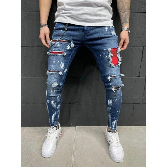 Plaid Patchwork Ripped Pencil Jeans For Men