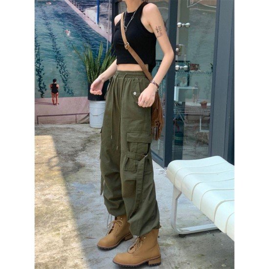 Casual Vintage Drawstring Loose Black Cargo Trousers