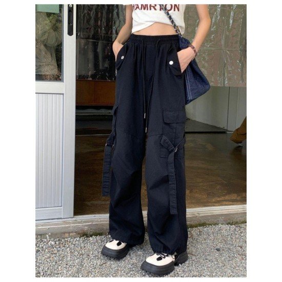 Casual Vintage Drawstring Loose Black Cargo Trousers