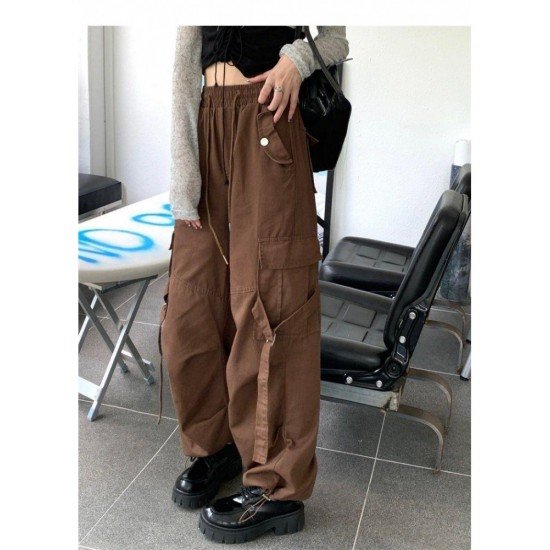 Casual Vintage Drawstring Loose Black Cargo Trousers