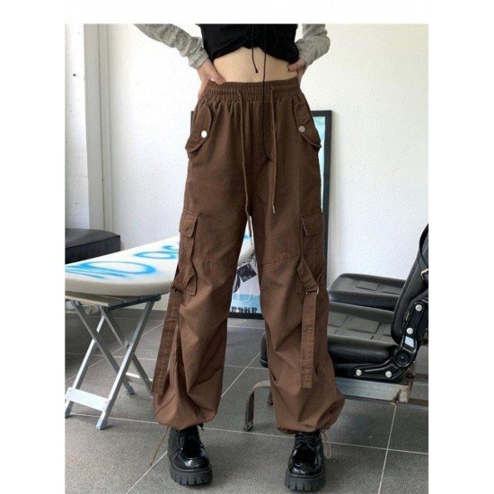 Casual Vintage Drawstring Loose Black Cargo Trousers