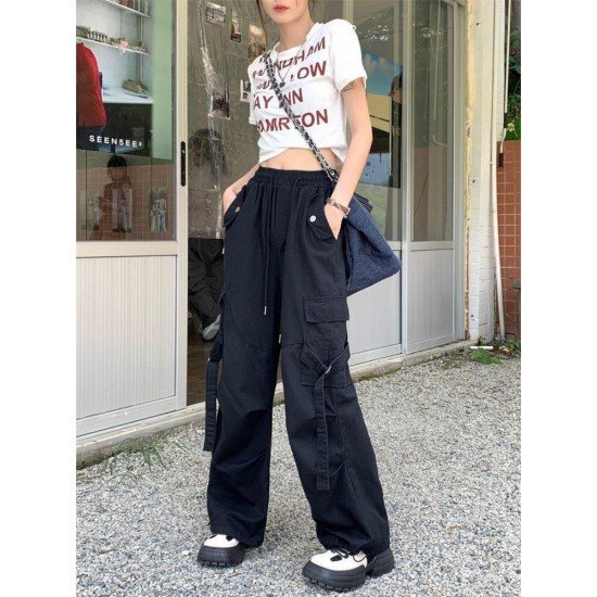 Casual Vintage Drawstring Loose Black Cargo Trousers