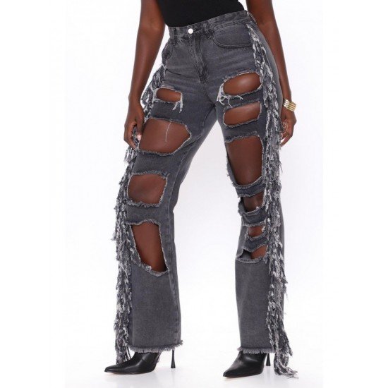 Stylish Hole Tassel Jean Trousers For Women