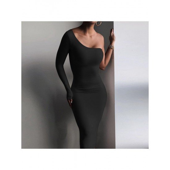 Women One Shoulder Sleeveless Black Midi Dresses