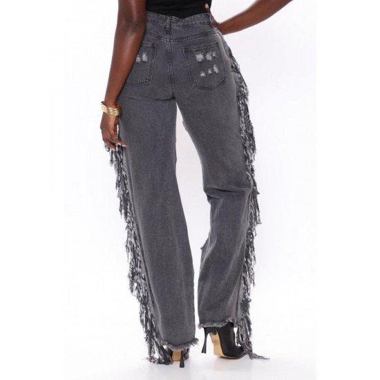 Stylish Hole Tassel Jean Trousers For Women