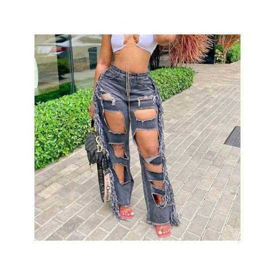 Stylish Hole Tassel Jean Trousers For Women