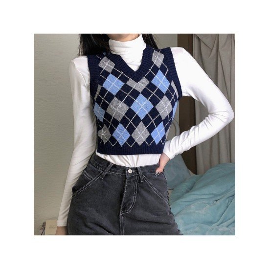 Rhombus V Neck Sweater Vest Tops