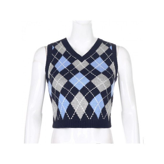 Rhombus V Neck Sweater Vest Tops