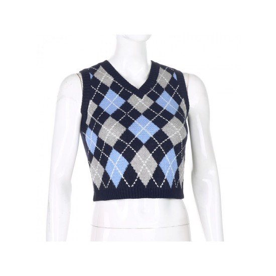 Rhombus V Neck Sweater Vest Tops