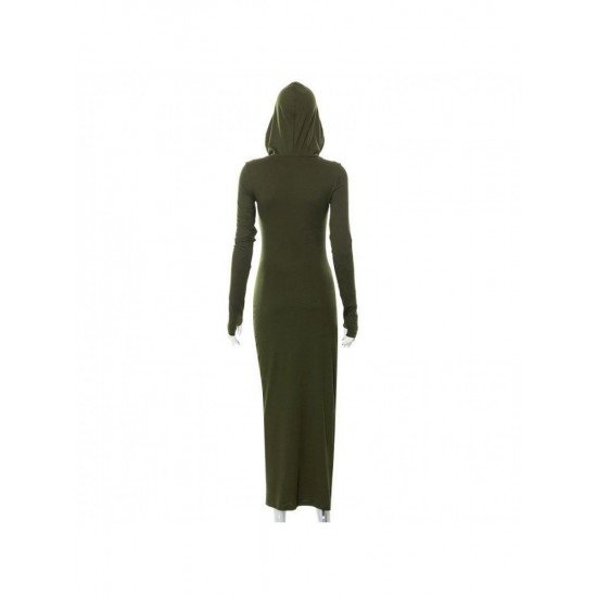 Casual Zip Solid Hooded Collar Long Sleeve Dresses