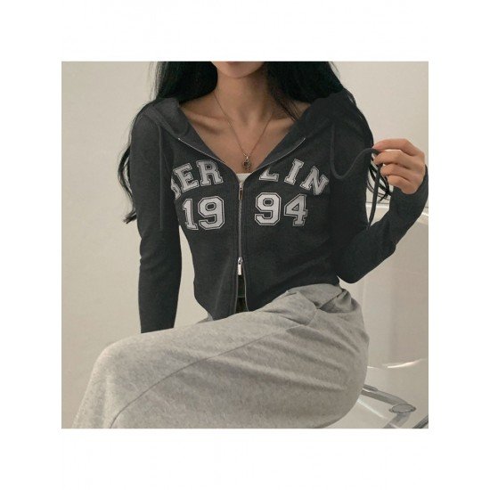 Hooded Collar Letter Printed Zipper Down Ladies Tops