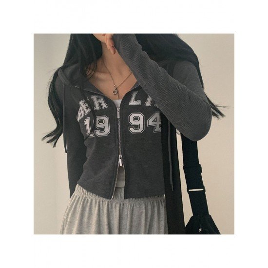 Hooded Collar Letter Printed Zipper Down Ladies Tops