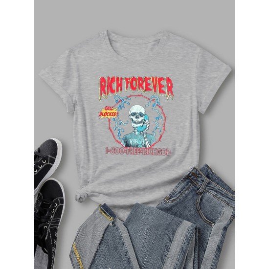 Funny Skull Graphic Short Sleeve T Shirts For Women