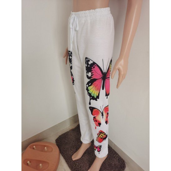 Sports White Butterfly Pattern Drawstring Long Trousers