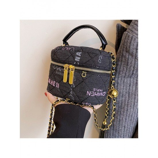  Fashion Letter Printed Chain Zipper Bucket Bag