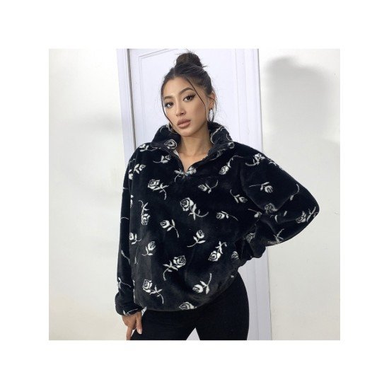 Rose Fluffy Loose Black Sweatshirts For Women