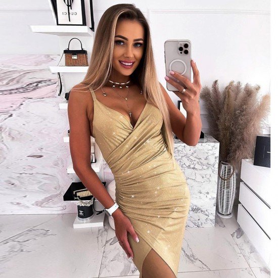 Ladies Backless Spaghetti Straps Slit Cocktail Dress