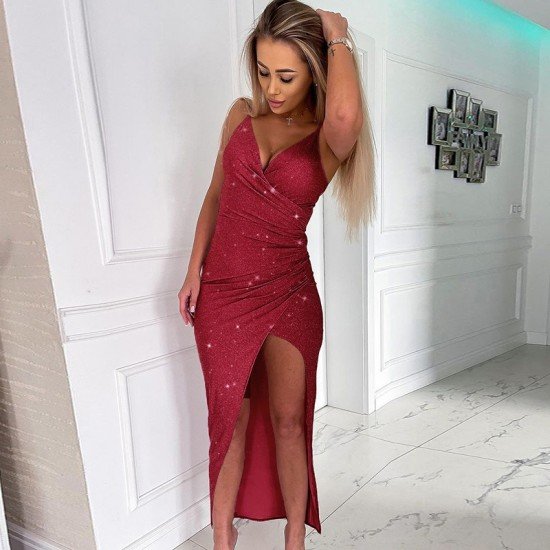 Ladies Backless Spaghetti Straps Slit Cocktail Dress