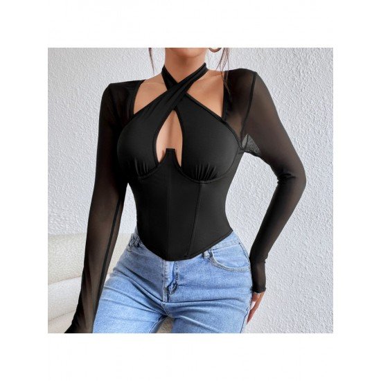 Ladies Halter Black Long Sleeve Tops